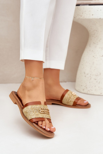 Pantoufles en cuir Avec des décorations Detalem I Plecionką Zazoo 40426 marron 2