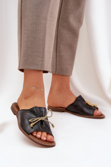 Chaussons plats en cuir élégants avec nœuds Leįskis 3572 couleur noire 2