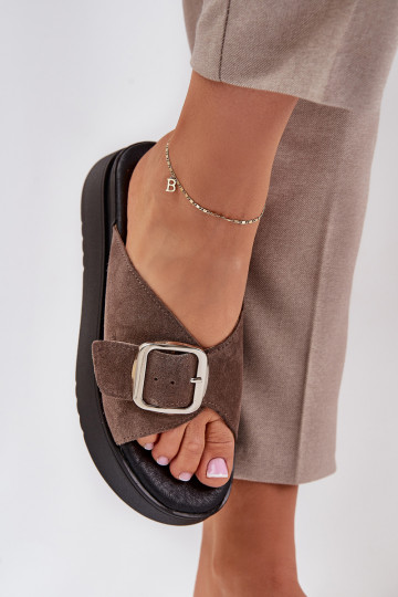 Chaussons femme en daim avec boucles avec une plateforme Zazoo 3019 marron