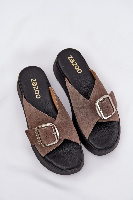 Chaussons femme en daim avec boucles avec une plateforme Zazoo 3019 marron Chaussons femme en daim avec boucles avec une plateforme Zazoo 3019 marron