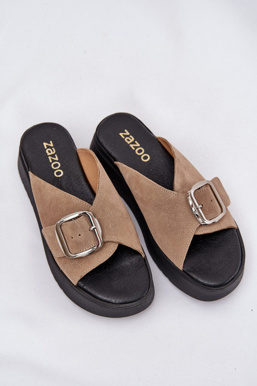 Chaussons femme en daim avec boucles avec une plateforme Zazoo 3019 beige Chaussons femme en daim avec boucles avec une plateforme Zazoo 3019 beige