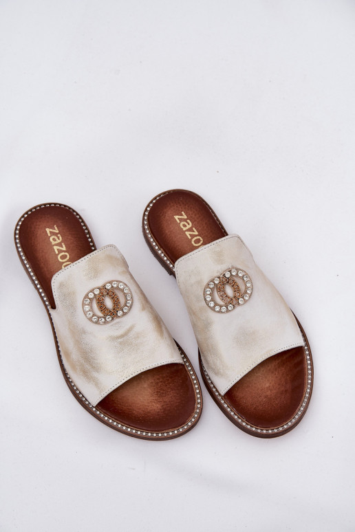 Style élégant Pantoufles en cuir Féminin avec des ornements Zazoo 3008 couleur dorée Przecierany Style élégant Pantoufles en cuir Féminin avec des ornements Zazoo 3008 couleur dorée Przecierany