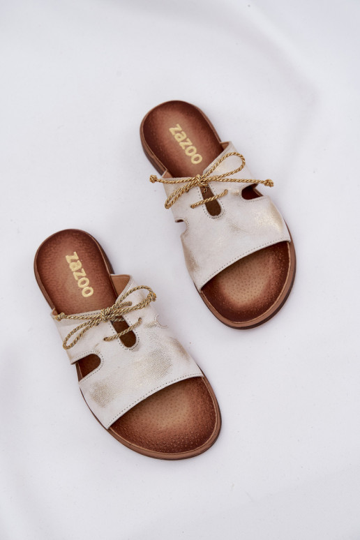 Pantoufles en cuir Féminin avec des talons larges Zazoo 3022 couleur dorée Przecierany Pantoufles en cuir Féminin avec des talons larges Zazoo 3022 couleur dorée Przecierany