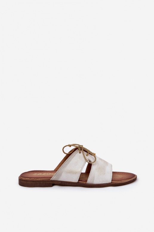 Pantoufles en cuir Féminin avec des talons larges Zazoo 3022 couleur dorée Przecierany Pantoufles en cuir Féminin avec des talons larges Zazoo 3022 couleur dorée Przecierany