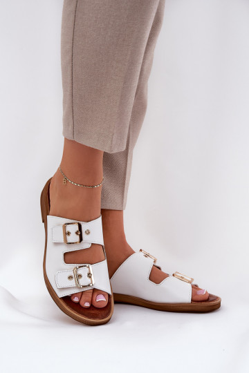 Pantoufles en cuir à semelle plate avec boucles Zazoo 3020 couleur blanche