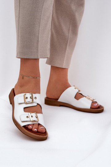 Pantoufles en cuir à semelle plate avec boucles Zazoo 3020 couleur blanche 2
