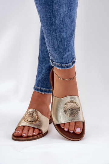 Zazoo 2938 Pantoufles en cuir avec des talons larges avec des ornements couleur dorée