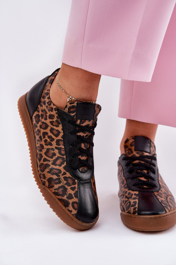Baskets en cuir pour femmes avec motifs léopard Laura Messi 2935 couleur marron