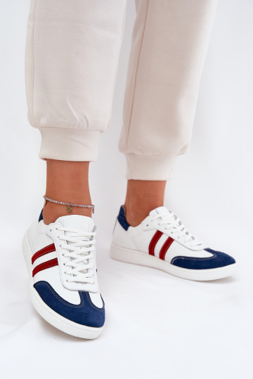 Baskets basses en cuir pour femmes Zazoo N1068 blanches et bleu marine
