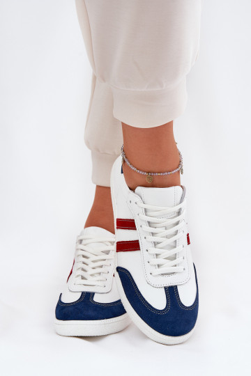 Baskets basses en cuir pour femmes Zazoo N1068 blanches et bleu marine 2