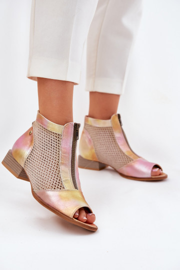 Bottines en cuir pour femmes avec larges talons et orteils ouverts Tai turiciejka 06413-15 roses-oranges