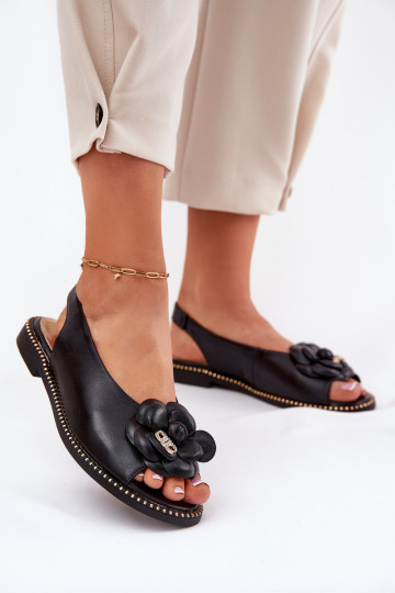 Sandales en cuir plates avec ornements CheBello 4642 noires 2