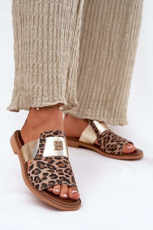 Style élégant Chaussons Fabriqué en cuir naturel avec des talons larges Zazoo 40423 avec des motifs en fourrure de léopard Style élégant Chaussons Fabriqué en cuir naturel avec des talons larges Zazoo 40423 avec des motifs en fourrure de léopard