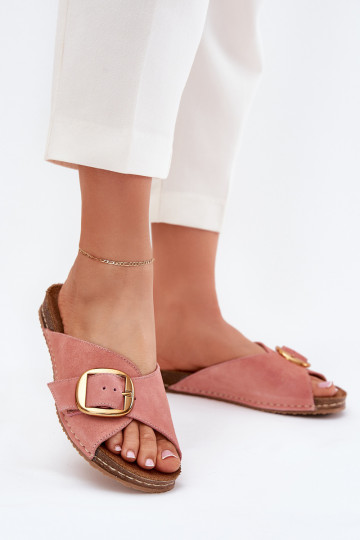 Claquettes en cuir rose avec boucles dorées Tai turiciejka 07000-15 2