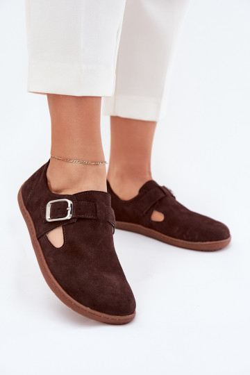 Chaussures en daim chocolat pour femmes Barefoot avec boucles Łaty Zazoo N1261