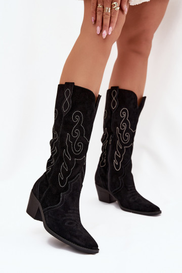 Bottes en daim style cowboy pour femmes avec talons, noires, Karira