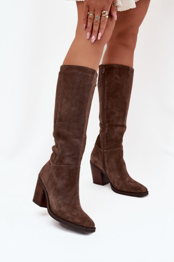 Bottes en daim hautes pour femmes avec talons et fermeture, marron, Lissara