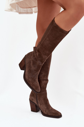 Bottes en daim hautes pour femmes avec talons et fermeture, marron, Lissara 2