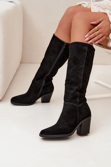 Bottes en daim hautes pour femmes avec talons et fermeture, noires, Lissara