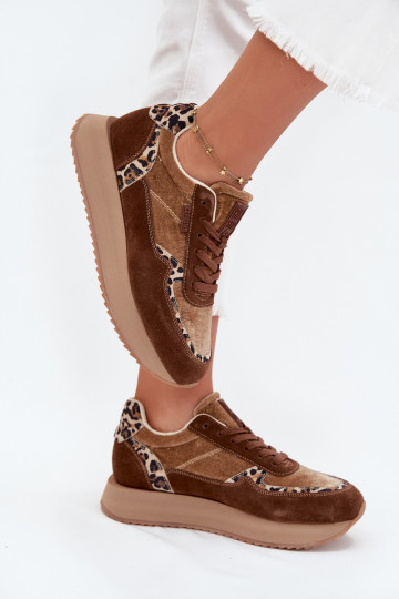 Baskets en daim pour femmes Big Star OO274A313 HI-POLY SYSTEM, marron avec motifs en fourrure de léopard