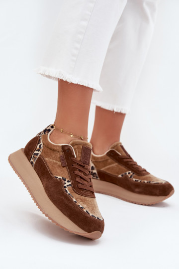 Baskets en daim pour femmes Big Star OO274A313 HI-POLY SYSTEM, marron avec motifs en fourrure de léopard 2