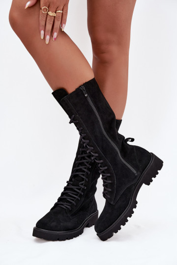 Chaussures en daim Avec une dentelle Mi-mollet Zazoo 3103 couleur noire