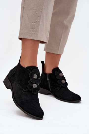 Bottines en daim pour femmes avec des détails floraux décoratifs Zazoo 3080 noires 2