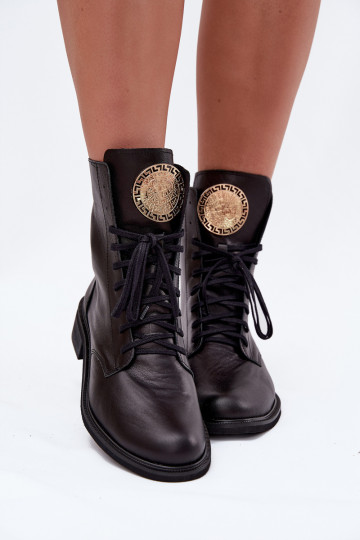 Bottines en cuir pour femmes avec larges talons et détails dorés Zazoo 3084 noires