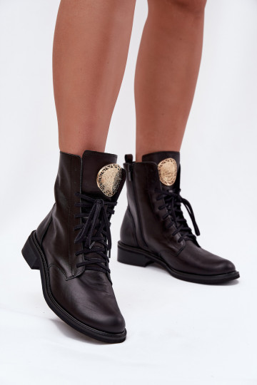 Bottines en cuir pour femmes avec larges talons et détails dorés Zazoo 3084 noires 2