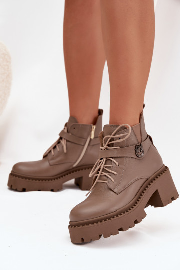 Bottines en cuir pour femmes avec talons décorés, isolées, Zazoo 60557, couleur sable