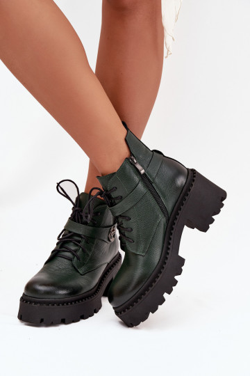 Bottines en cuir pour femmes avec talons décorés, isolées, Zazoo 60557, couleur kaki 2