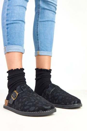 Chaussons pour femmes noirs sur plateforme en liège, ornés de motif léopard Diane