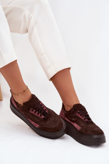 Baskets de style sportif pour femmes en daim naturel avec plateforme Zazoo N1265S3 couleur chocolat