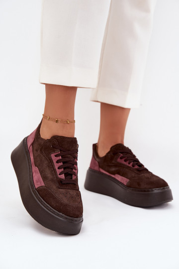Baskets de style sportif pour femmes en daim naturel avec plateforme Zazoo N1265S3 couleur chocolat 2
