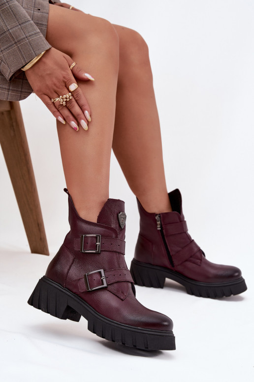 Bottines en cuir chaudes pour femmes avec boucles et détails décoratifs Zazoo 60482 couleur bordeaux