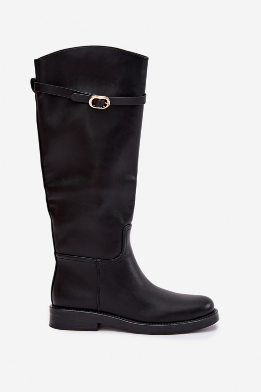 Bottes d'hiver pour femmes, noires, avec talons larges, lanières et boucles dorées, Sylvena