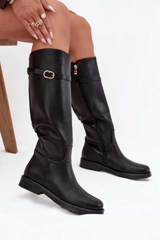 Bottes d'hiver pour femmes, noires, avec talons larges, lanières et boucles dorées, Sylvena