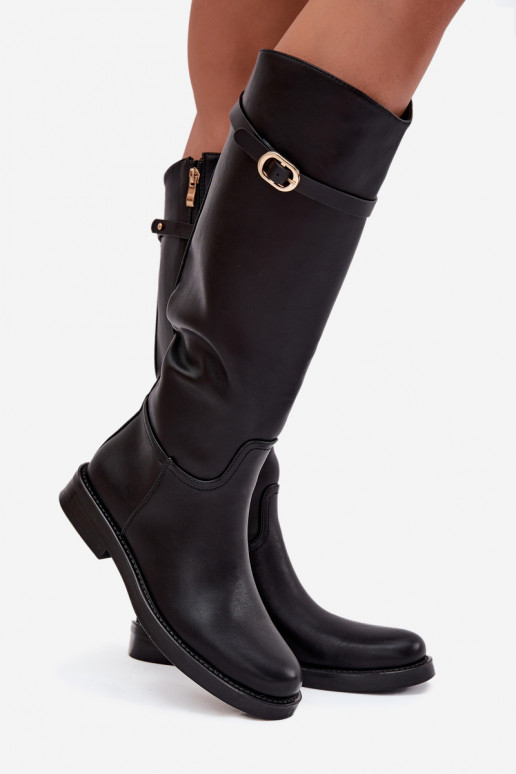 Bottes d'hiver pour femmes, noires, avec talons larges, lanières et boucles dorées, Sylvena