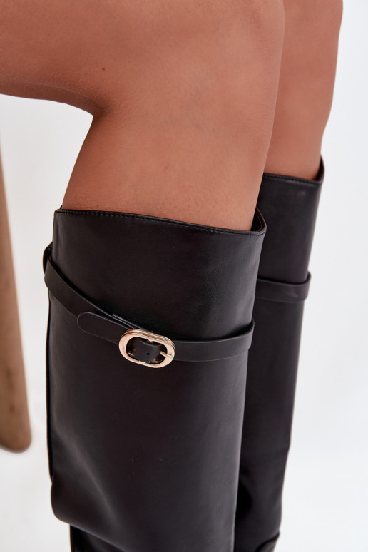 Bottes d'hiver pour femmes, noires, avec talons larges, lanières et boucles dorées, Sylvena