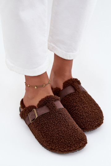 Pantoufles pour femmes avec fourrure type agneau, couleur marron Lorivine