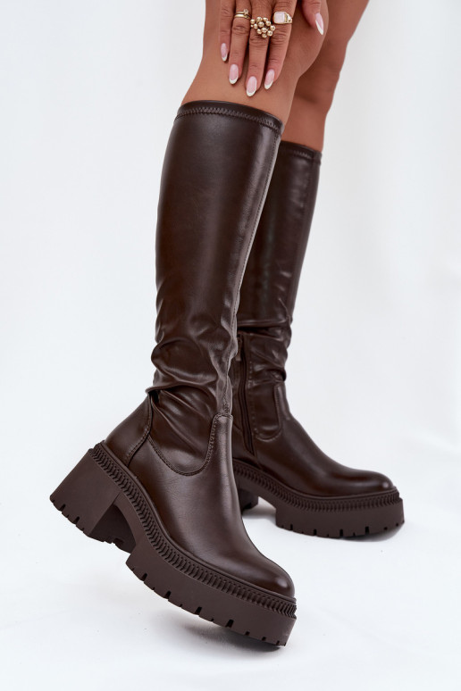 Bottes montantes pour femmes à talons massifs et plateforme à enfiler couleur marron Florinne