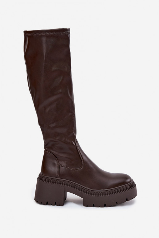 Bottes montantes pour femmes à talons massifs et plateforme à enfiler couleur marron Florinne