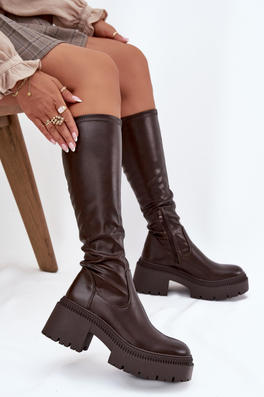 Bottes montantes pour femmes à talons massifs et plateforme à enfiler couleur marron Florinne