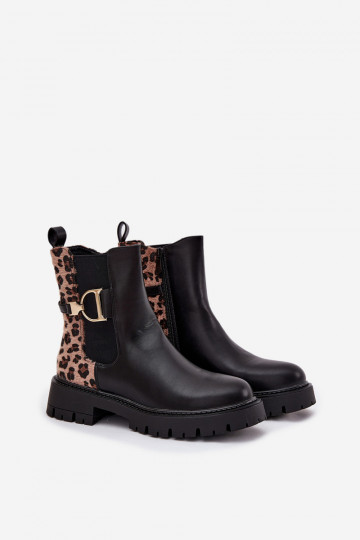 Bottines chaudes et stylées pour femmes avec détails dorés et motifs léopard, noires Priscilla