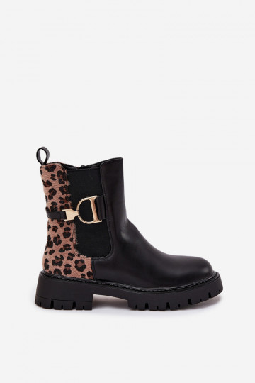 Bottines chaudes et stylées pour femmes avec détails dorés et motifs léopard, noires Priscilla 2