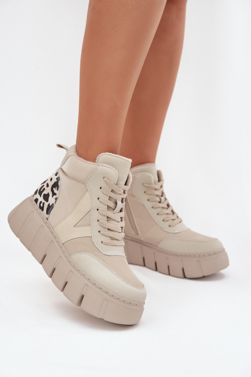 Bottines en cuir beige pour femmes avec plateforme Vinceza 66838 Bottines en cuir beige pour femmes avec plateforme Vinceza 66838