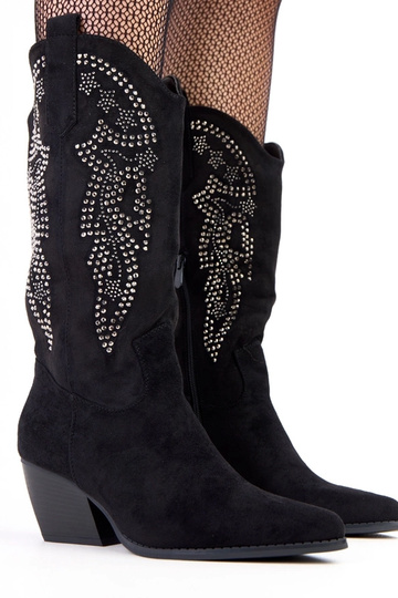Bottes cowboy noires à talon bas avec strass "Masura"
