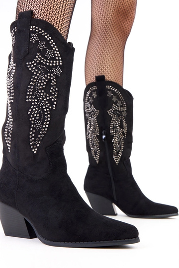 Bottes cowboy noires à talon bas avec strass "Masura" 2