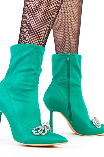 Bottines satinées vertes avec un nœud en zircon Bellana