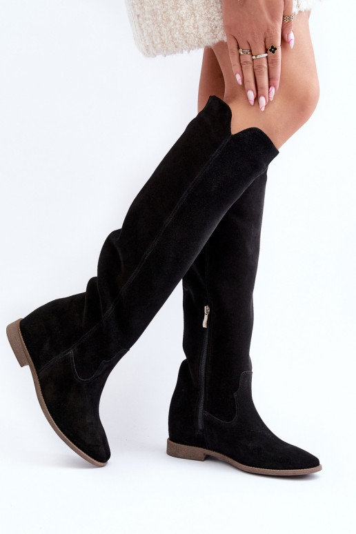 Zazoo 3407 en daim bottes hauteur genou avec des talons larges couleur noire